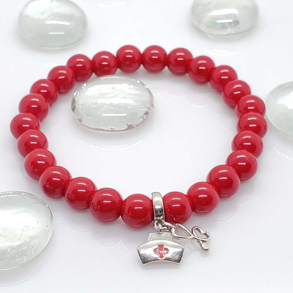 Handcrafted red coral natural stone stretch bracelet 925 sterling silver charm